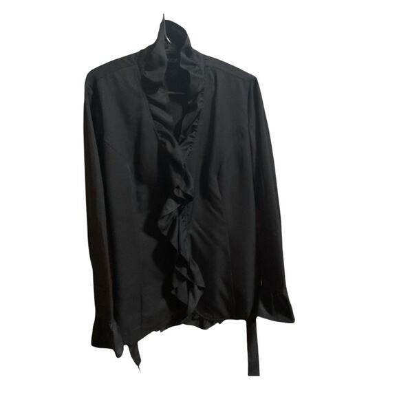 Donna Moore Blouse SZ M Black Light Weight Classy Dressy Ruffle Trim Waist Tie - Picture 5 of 9
